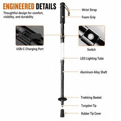 LED Trekking Pole USB-C Rechargeable White Red Light Tactical Emergency Phone…