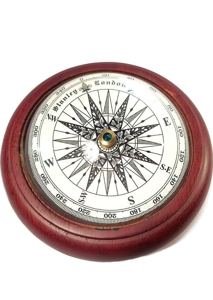 Vintage Nautical Desk Compass with Wooden Base, Round Dial, 4 Inch for Home