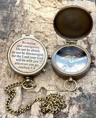 Be Strong & Courageous Engraved Brass Compass Religious Joshua 19 Gift Idea
