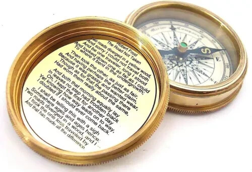 Antique Robert Frost Poem Stylish Solid Brass Pocket Compass Gift