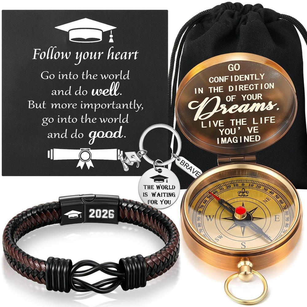5 Pcs Compass Graduation Gift Class of 2026 Engraved Compass Keychain Leather…