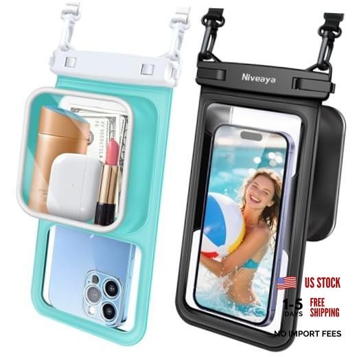 2 Pack IPX8 Waterproof Phone Pouch, Large Space Cell Phone Pouch Black + Green