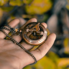 Handmade Antique Brass London Push-Button Compass with Leather Case