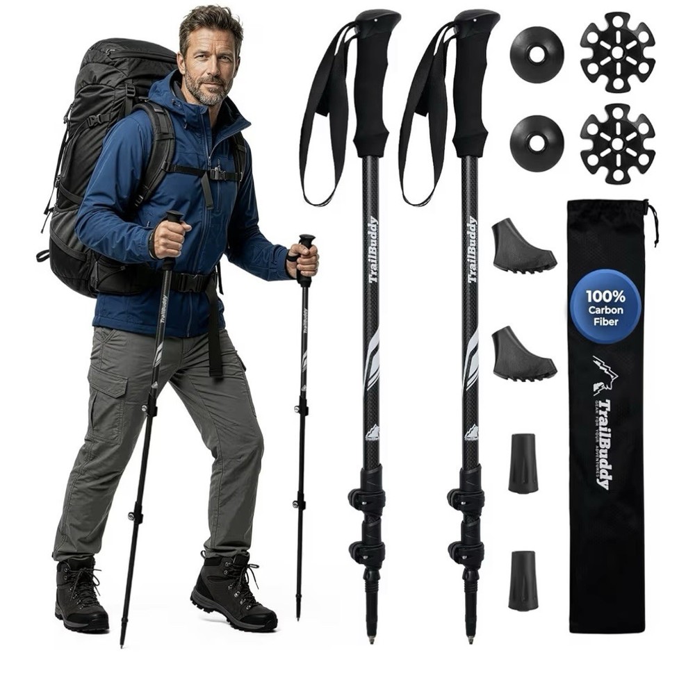 TrailBuddy Carbon Fiber Adjustable Trekking Poles 24-54″ Black Lightweight