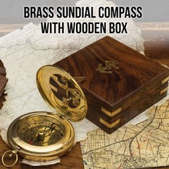Brass Compass Sundial | Velvet Lined Display Box | Sundial With Roman Numerals