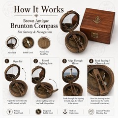 Brown Antique Brunton Compass in Wooden Box | Survey & Navigation Tool Gift Set