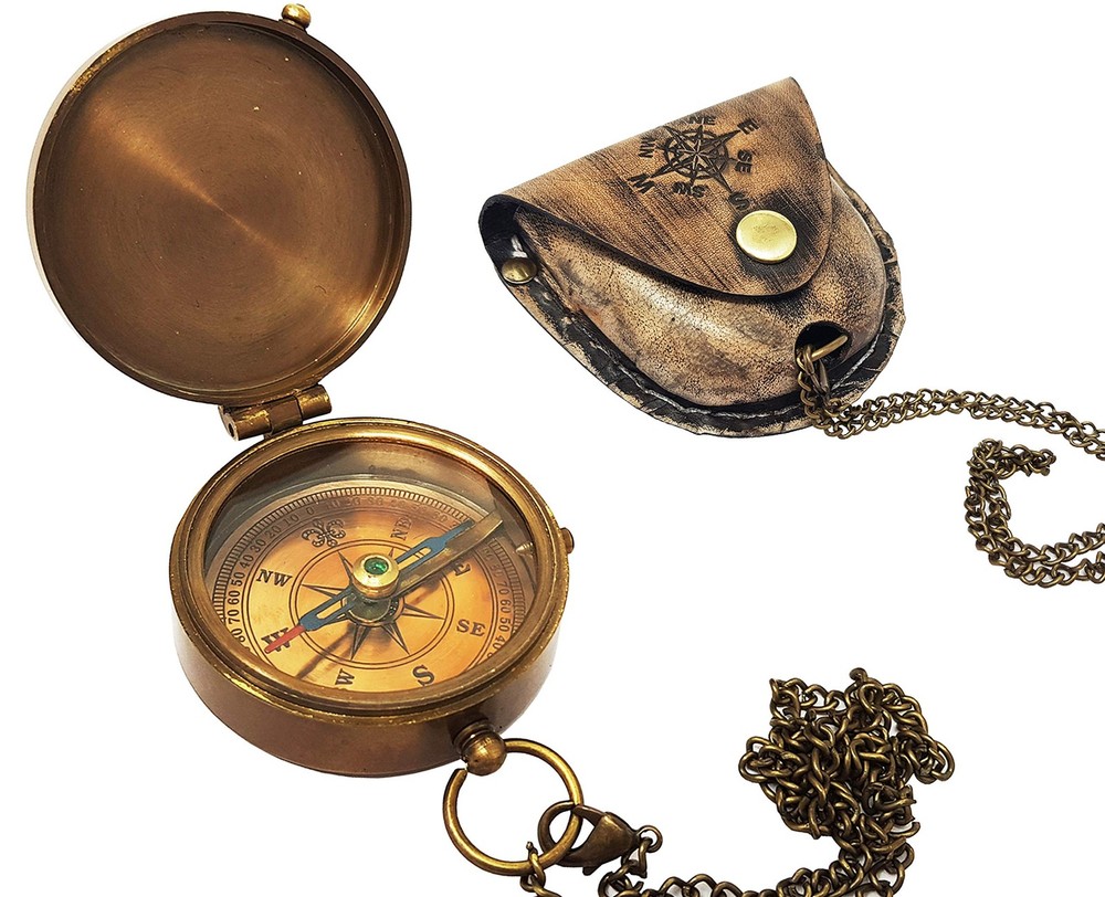 Brass Compass Nautical Pocket Backpacking Compass Leather Case Vintage Campin…