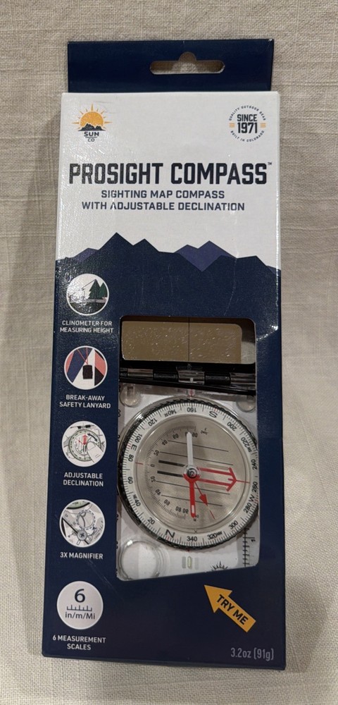 NIB Sun Company ProSight Compass – Sighting Map Compass w/Adjustable Declination