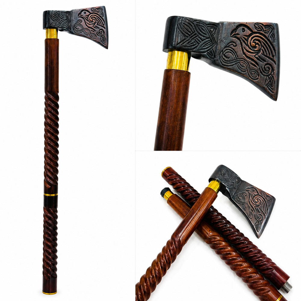 Walking Cane/Axe Handle Design/Black Metal Head, Gold Accent Band/Walking Stick