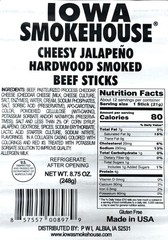 Iowa Smokehouse Cheesy Jalapeno Beef Sticks Hardwood Hickory 8.75 ounce