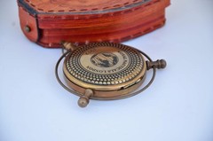 Handmade Antique Brass London Push-Button Compass with Leather Case