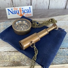 Brass Telescope & Compass Gift Set w/ Velvet Bag / Optional 27″ Chains -Necklace