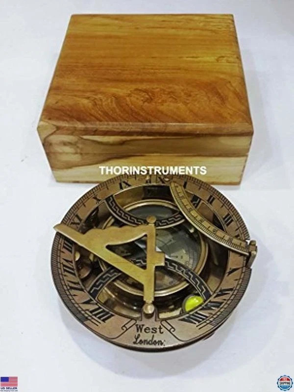 THOR INSTRUMENTS Vintage 4″ Brass Sundial Compass with Box | Rustic Decor | Gift
