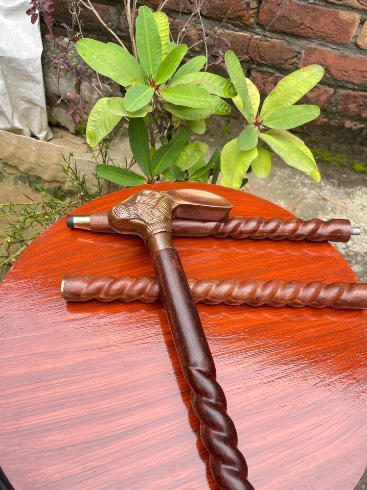 Victorian Rabbit Handle Walking Cane -Spiral Hardwood Shaft Brass Accents Antiqe