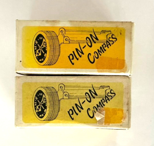Two Vtg Pin-On Compass Compasses for Hunters & Hikers~~NIB Japan Brass Finish