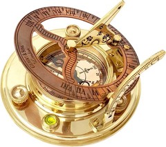 Antique Brass & Copper Sundial Compass, Sundial Clock in Leather Box Gift