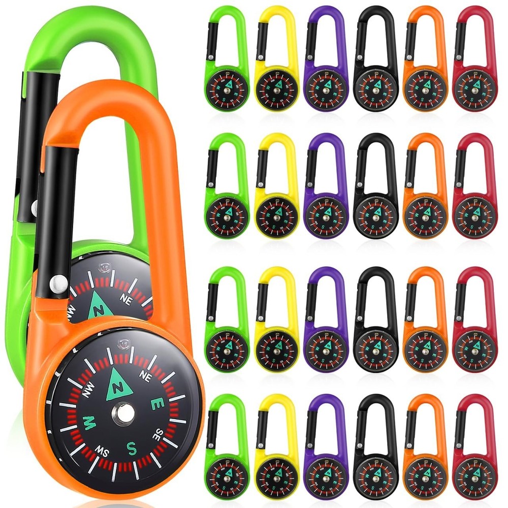 24pcs Mini Compass Keychain with Carabiner – Portable Clip-On for Hiking, Campin