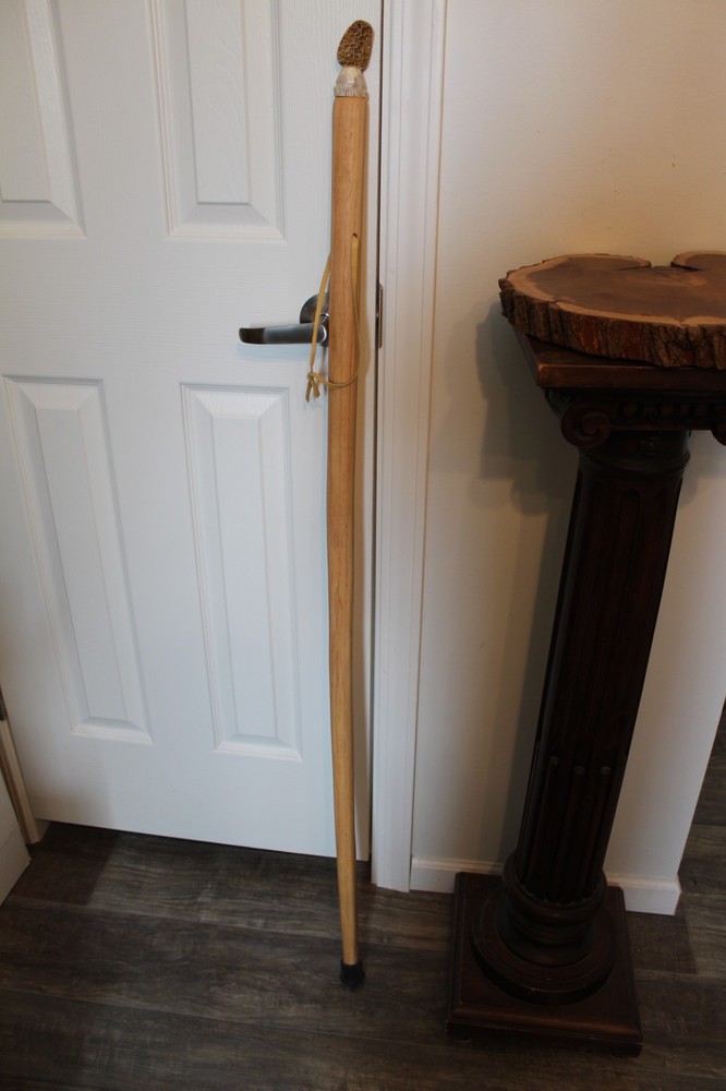 Custom Made Pecan Wood Walking Hiking Stick with Carved Antler Morel Topper