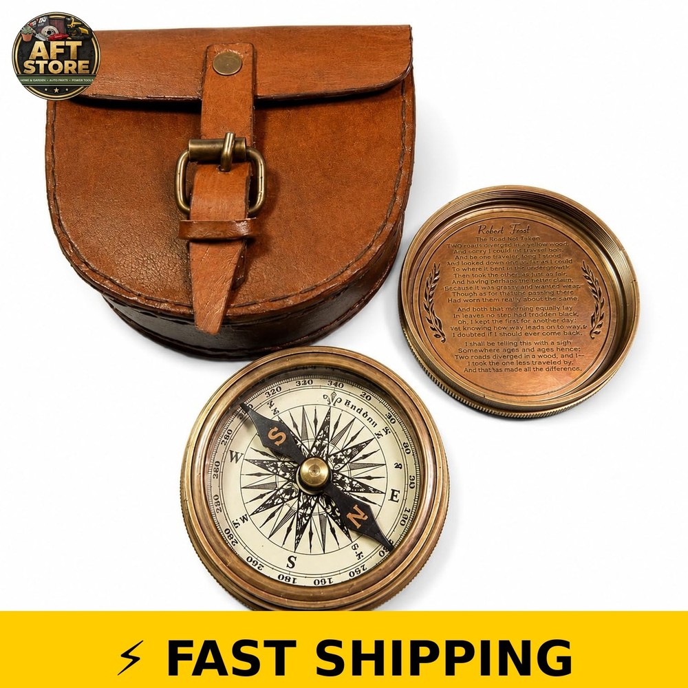 Vintage Brass Pocket Compass with Leather Case – Rustic Decor Gift