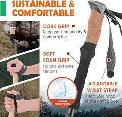 Trek-Z Cork Grip Trekking Poles – Lightweight Folding Hiking Poles, Adjustable H