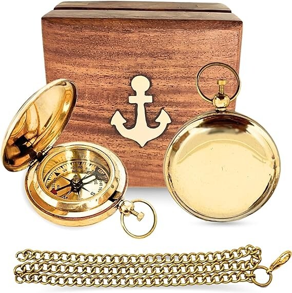 Authentic Antique Push Button Compass Presented in Artisan Wooden Box
