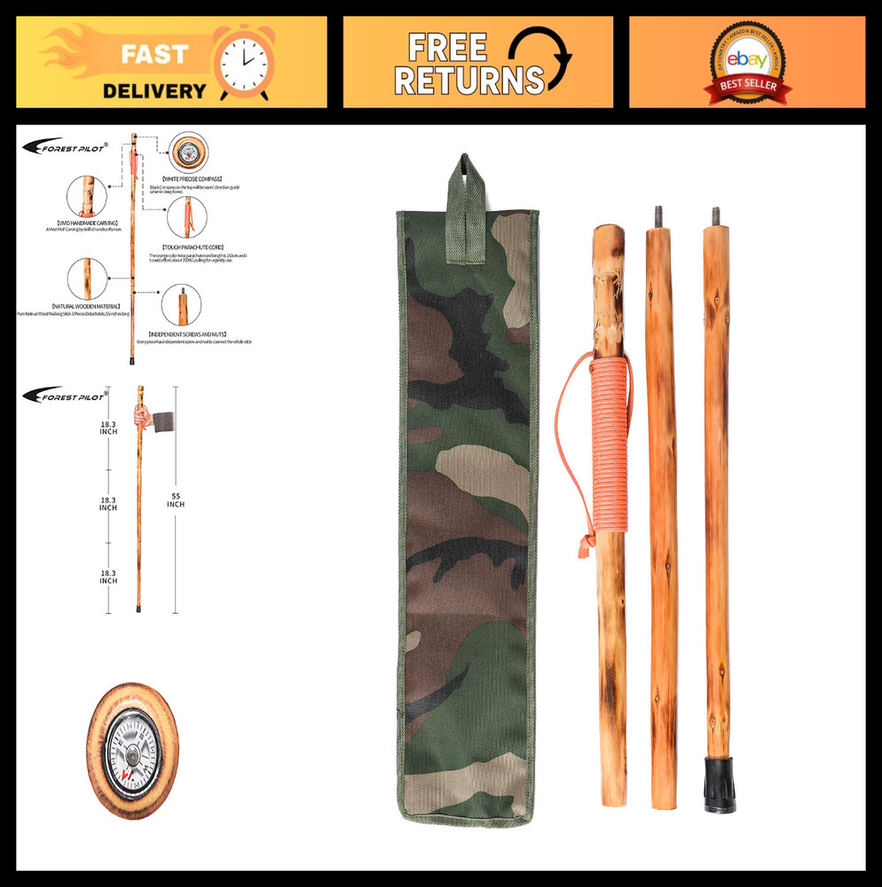 Detachable Fir Wood Walking Stick with Wolf Carving & Compass – 55 Inches, Natur