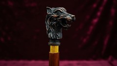 Walking Cane/Axe Handle Design, Black Metal Head, Gold Accent Band Walking Stick