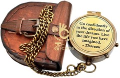 Antique Pocket Compass Thoreau Quote Leather Case Graduation Hiking Gift