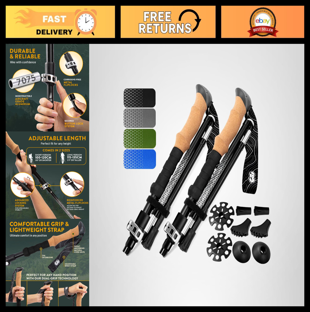 Adjustable Lightweight Foldable Hiking Poles – Trekking Sticks with Cork Grips,