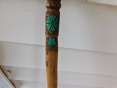 Vintage Wooden Wood Walking Stick with Aqua / Turquoise Blue Ribbon Feathered ?