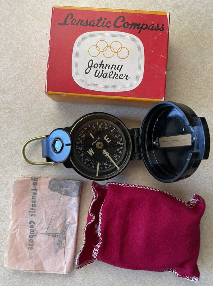 Vintage Lensatic Johnny Walker Brass Compass Model 400 Japan with Original Items