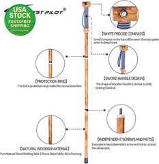 Detachable Hardwood Hiking Stick with Compass 48 Inches and Soft Hand Strap