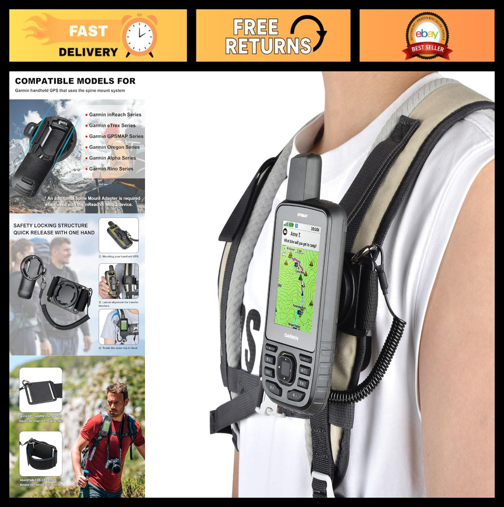 Backpack Tether for Garmin Handheld GPS – Spine Mount Adapter with Safety Cord