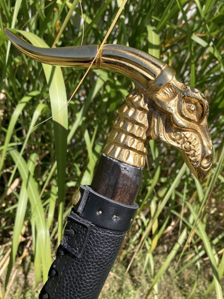 Brass Dragon Head Walking Cane With Genuine Black Leather Wrapped Hand Grip