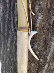 Bamboo Walking Stick Staff Hand Wrap Fire Cured Deer Antler Lanyard