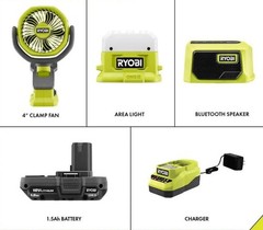 Ryobi 18V Compact Camper’s Kit – Cordless Light, Speaker, Fan, Battery, Charger