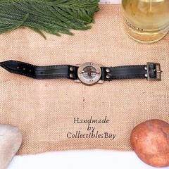 Antique Sundial Compass with Black Leather Band Retro Watch Compass Nautical