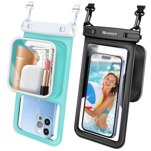 2 Pack IPX8 Waterproof Phone Pouch, Large Space Cell Phone Pouch Black + Green