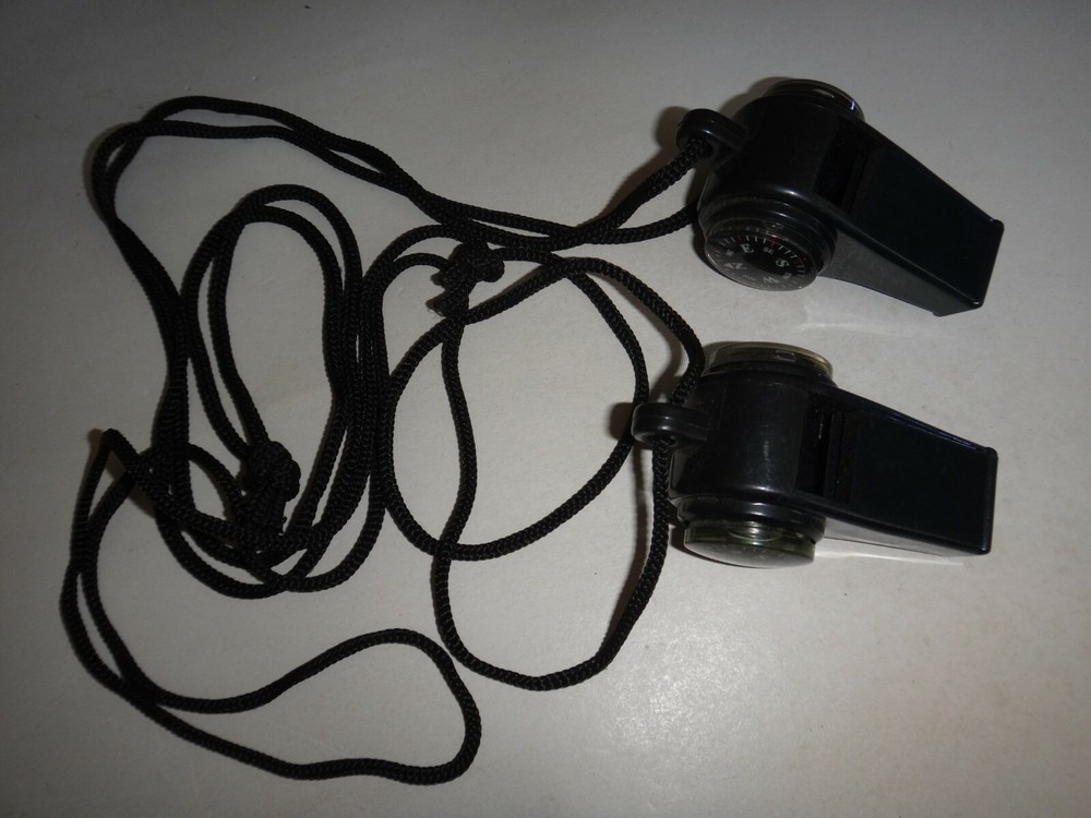 Two (2) New, Unused Survival Tools: Whistle With Compass +Thermometer + Lanyard