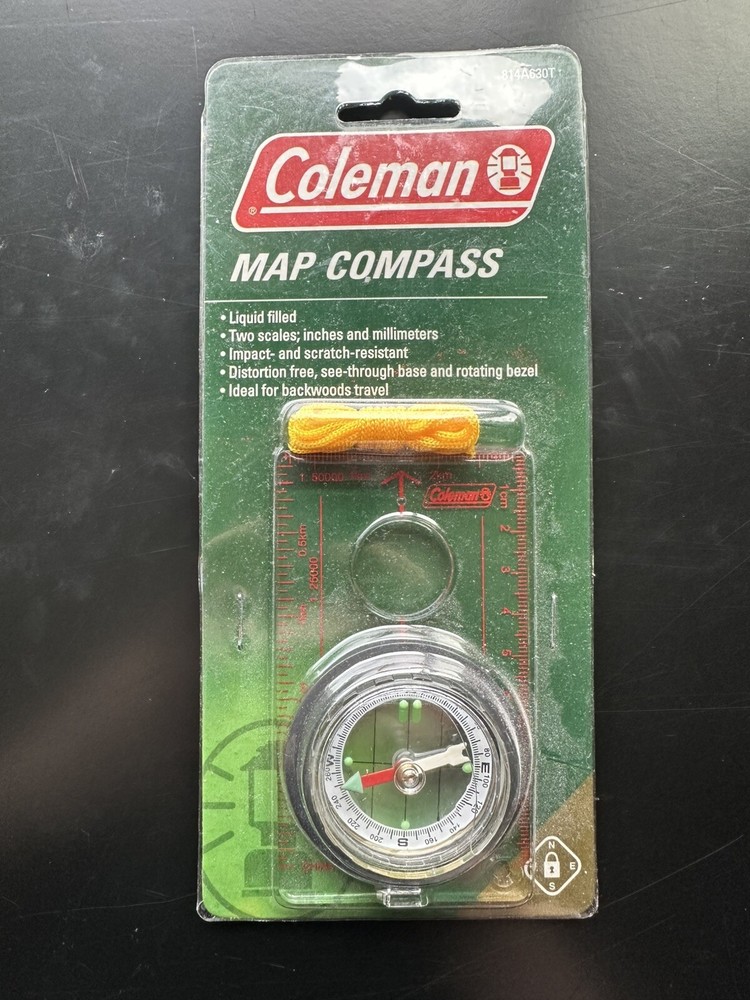 Coleman Map Compass -in & mm Scale With Cord New In Package – Liquid Leaked