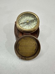Antique Brass Pocket Compass Leather Case Engraved Camping Hiking Touring