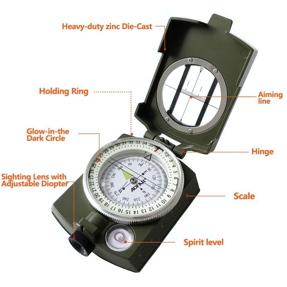 AF-4580 Lensatic Compass for Camping, Hiking – Waterproof-~