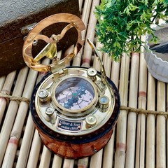 Antique Brass & Copper Sundial Compass, Sundial Clock in Leather Box Gift