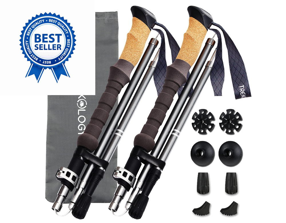 TREKOLOGY Trek-Z Cork Grip Trekking Poles – Lightweight Folding Hiking Gray