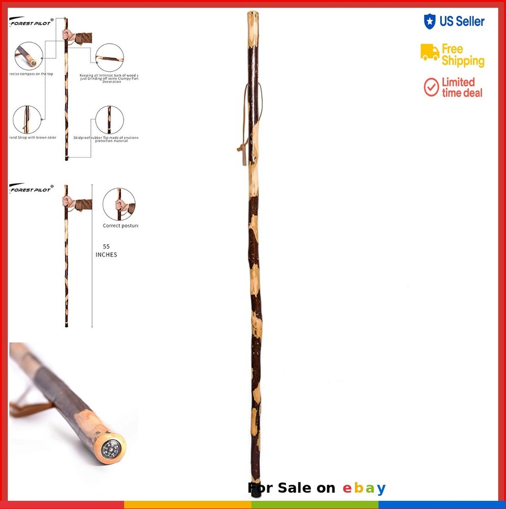 Hiking Stick 55 Inches Hardwood with Hand Strap Rubber Tip Waterproof Coating