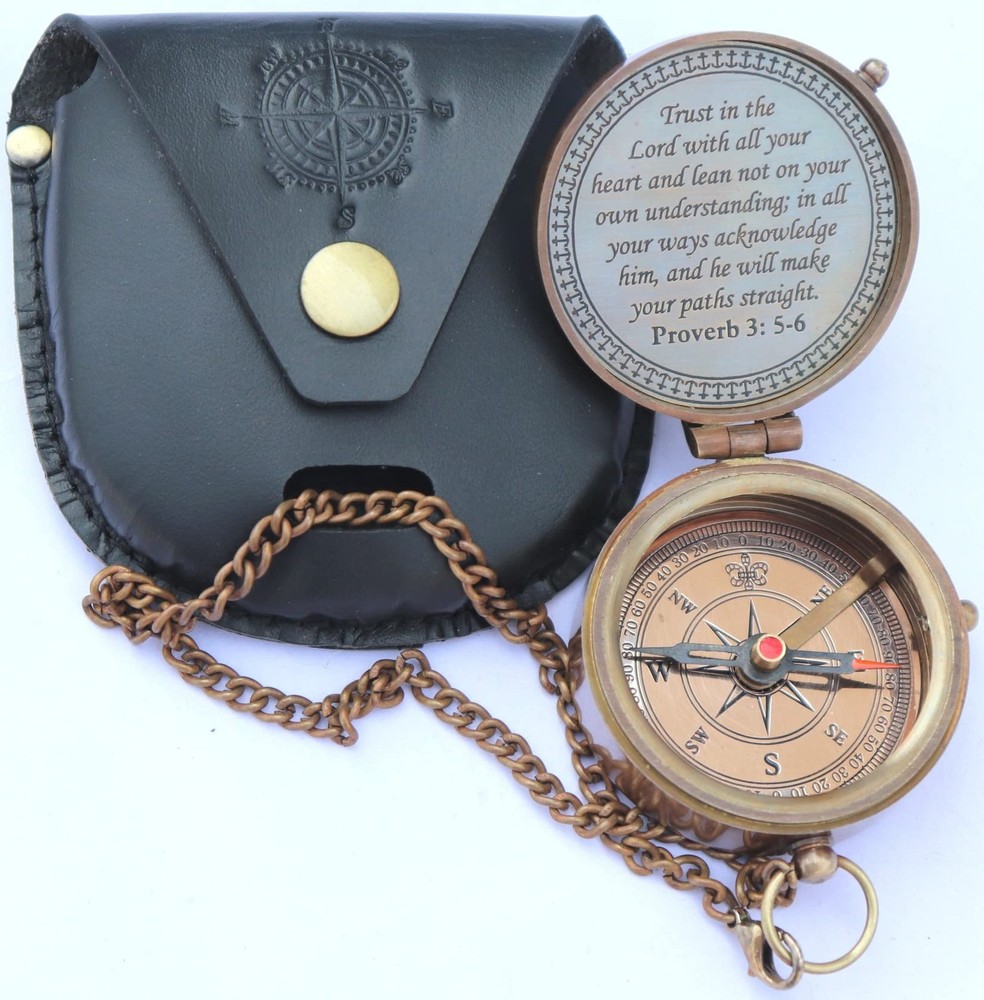 Brass Engraved Compass, Nautical Compass with Leather Case, Antique Gift for …