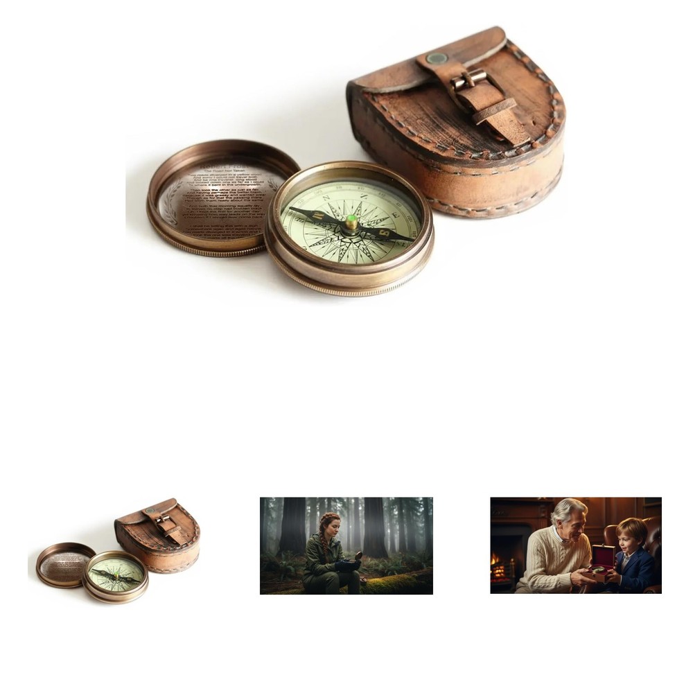 Antiqued Brass Compass with Leather Case Vintage Navigation Tool Outdoor Travel