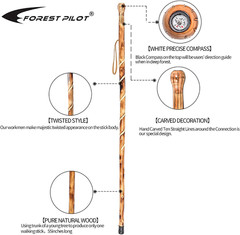 Big Ball Head Twisted Style Wooden Walking Stick for Hiking with Compass (Nature