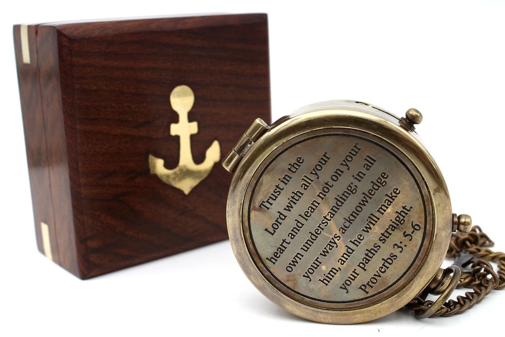 Trust In The Lord Engraved Brass Compass Wooden Case Christian Gift For Men