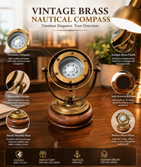 Vintage Brass Gimbal Compass in Binnacle Antique Finish Nautical Ship Décor
